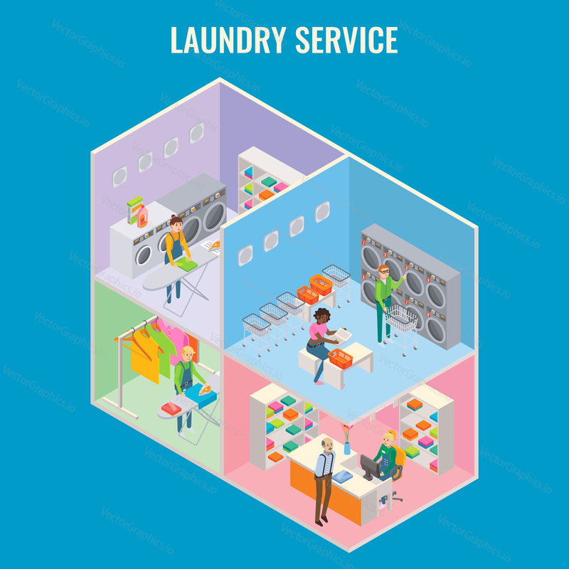 Laundry service vector flat 3d isometric illustration. Cutaway laundry interior with reception, ironing room, commercial and self-service laundry.