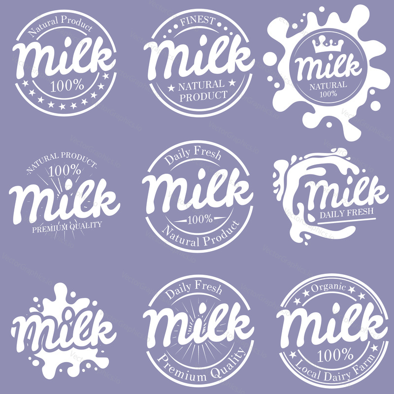 Vector set of daily fresh, natural premium quality product milk emblems, logotypes, labels, badges. Typography design with white milk splashes and lettering.