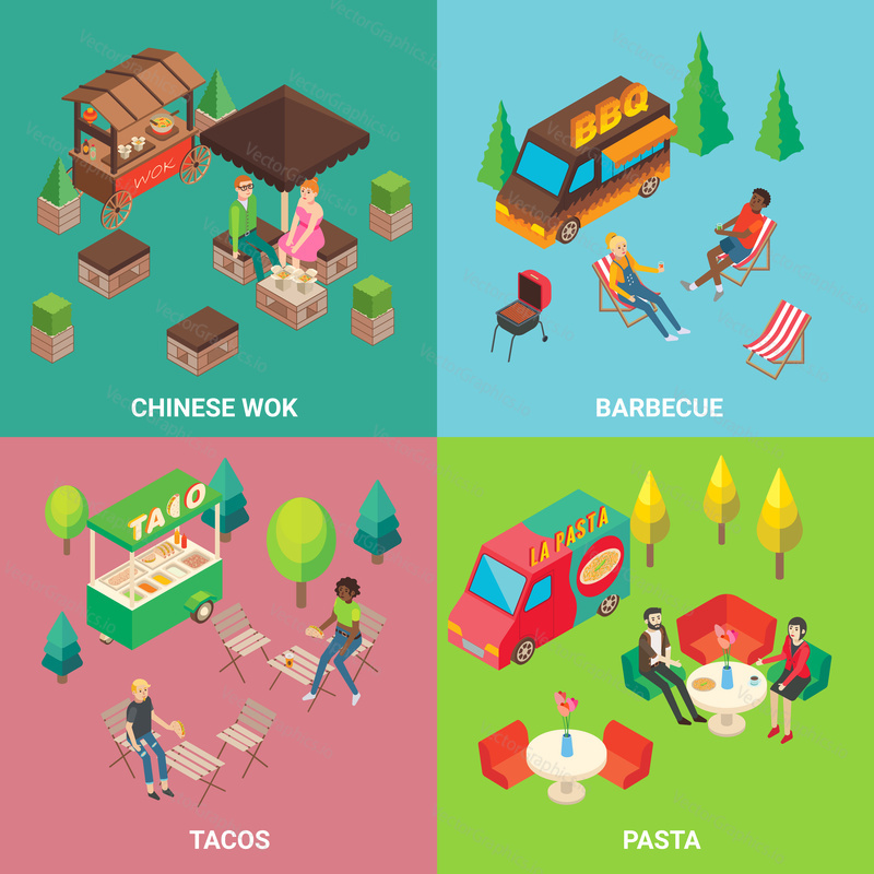 Vector set of street food concept square posters or banners with barbecue and pasta trucks, taco and chinese wok carts. Fast food mobile shops and buyers isometric icons.