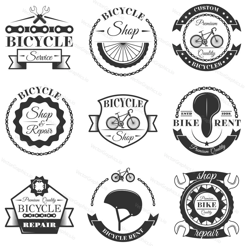 Vector set of bicycle repair shop labels and design elements in vintage black and white style. Bike logo, symbols, emblems.