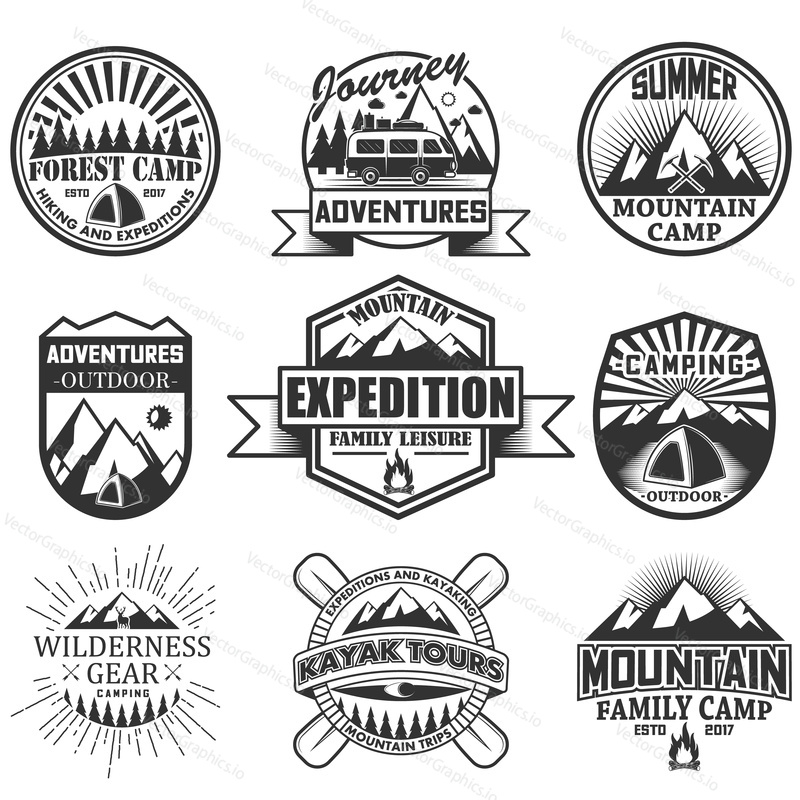 Vector set of camping objects isolated on white background. Travel icons and emblems. Adventure outdoor labels, mountains, tent, car, rafting, fire.