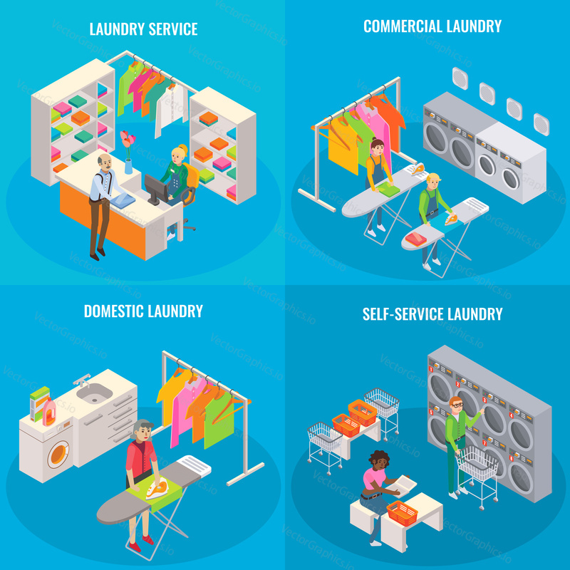 Vector set of laundry concepts. Laundry service, commercial, domestic and self-service laundry isometric templates for posters, banners, flyers.