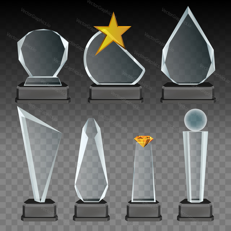 Vector set of glass transparent trophies and awards with dark stands. Realistic crystal and glass sports trophies, memorial and recognition gifts.