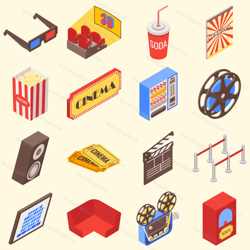 Movie theater accessories and gadgets in isometric style design. Vector flat 3d icons.