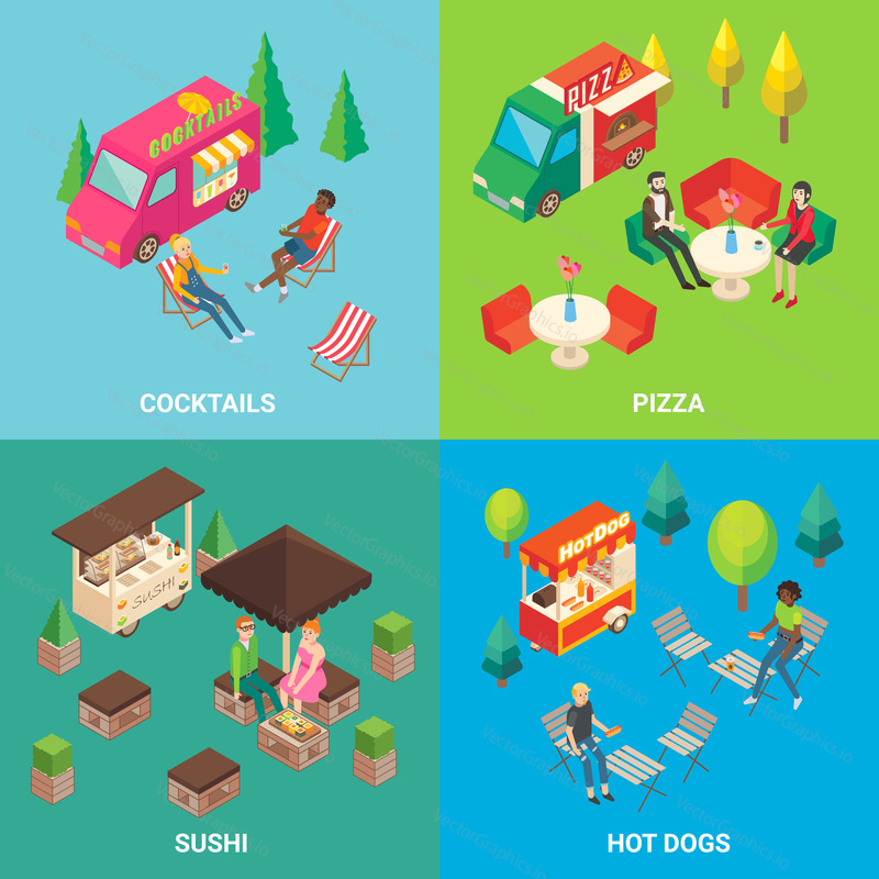 Vector set of street food concept square posters or banners with cocktail and pizza trucks, sushi and hot dog carts. Fast food mobile shops and buyers isometric icons.