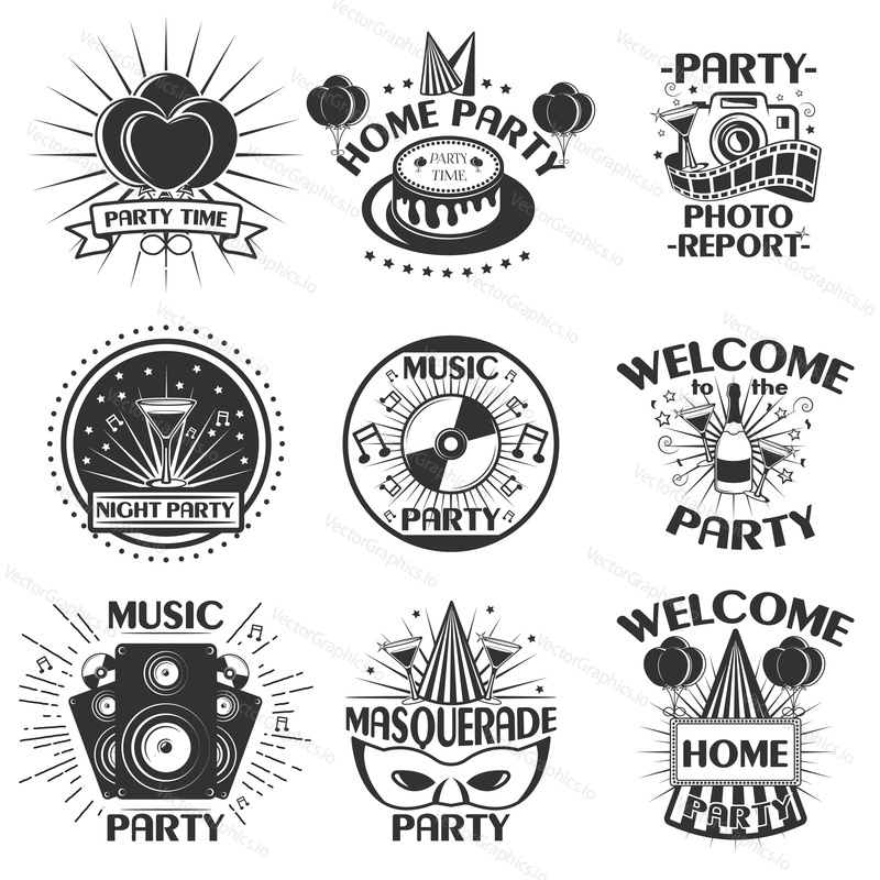Vector party set of emblems, badges, stickers or banners. Design elements in vintage style. Black icons and logo isolated on white background.