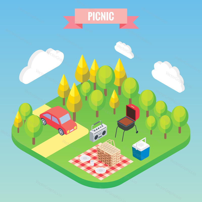 Picnic in a park isometric objects. Vector illustration in flat 3d style. Outdoor family vacation.