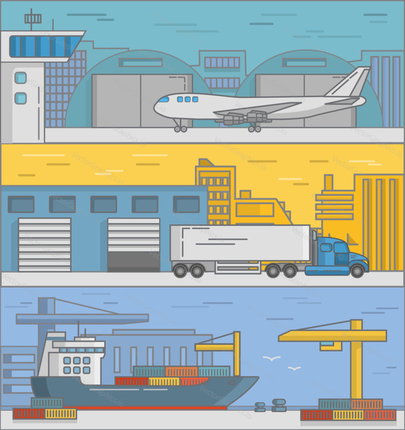 Vector set of delivery posters, banners. Logistics transportation. Delivery by plane, by truck and by ship flat style design elements for cargo services advertising.