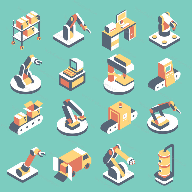 Vector automated production line flat isometric icon set. Manufacturing equipment with conveyor system, industrial robotic arm for assembly and packaging.