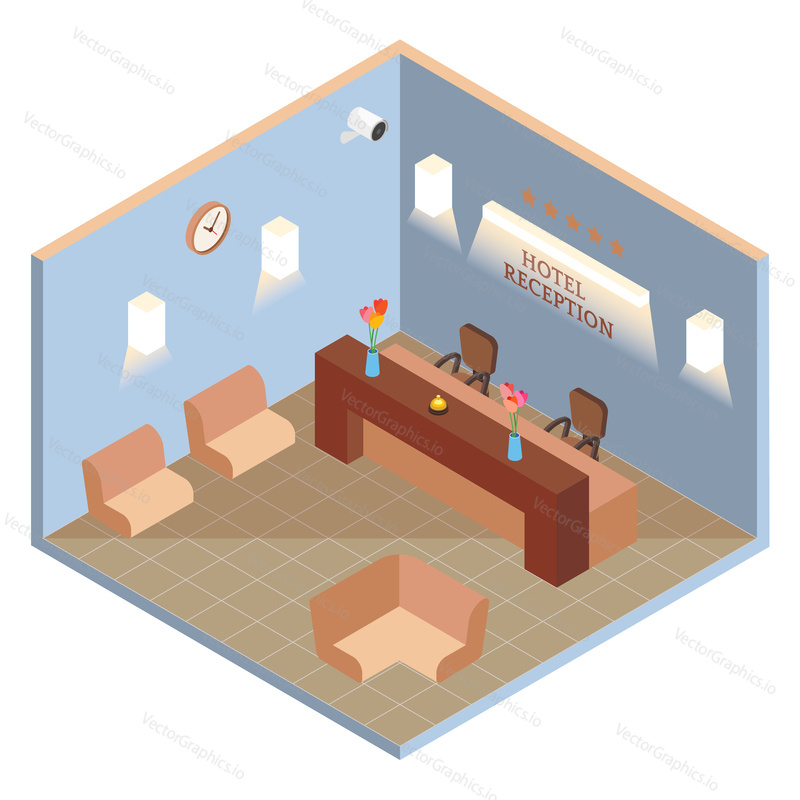 Hotel reception interior in vector isometric style. Illustration in flat 3d design. Hotel lobby room.