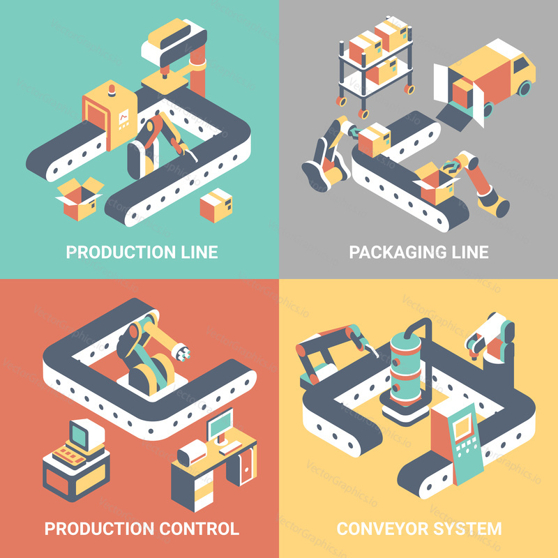Conveyor vector flat isometric poster set. Conveyor system, Production and Packaging lines, Production control concept design elements for web banners, print, infographics.