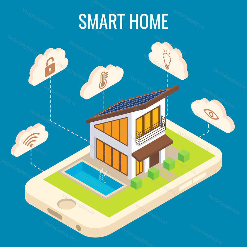 Vector 3d isometric illustration of smartphone with smart home apps. Internet of things, smart house technology concept design element.