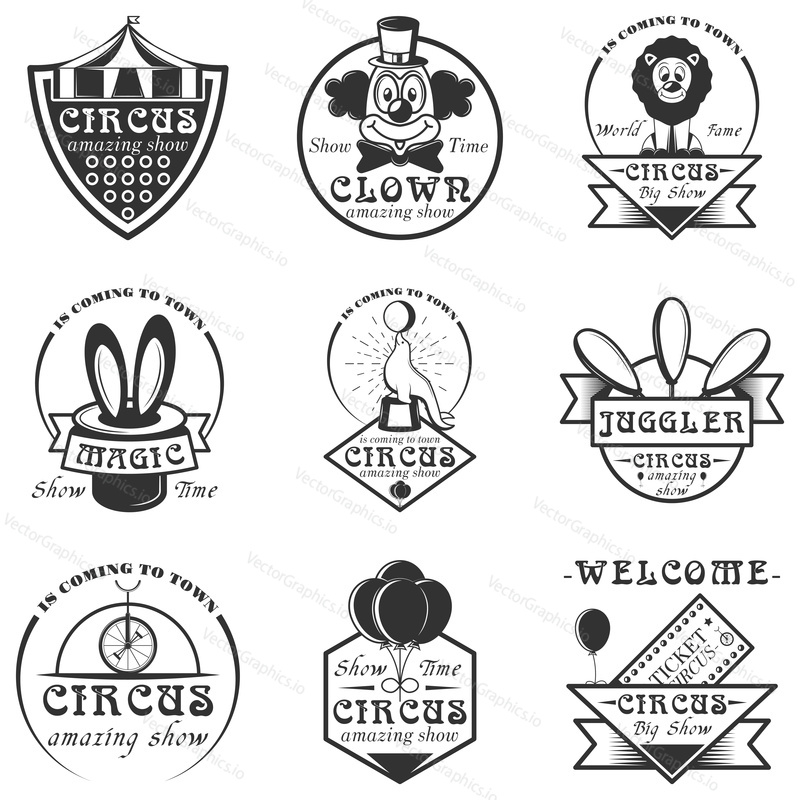 Vector set of circus isolated labels, logo and emblems. Black and white circus symbols and design elements. Clown, arena, tickets, magic hat.