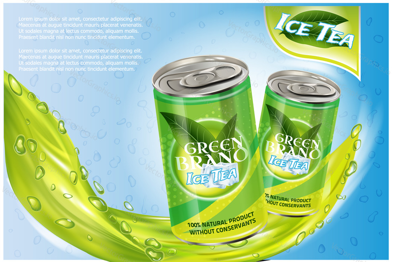 Ice tea products ad. Vector 3d illustration. Soft drink aluminium can template design. Green tea bottle advertisement poster layout.