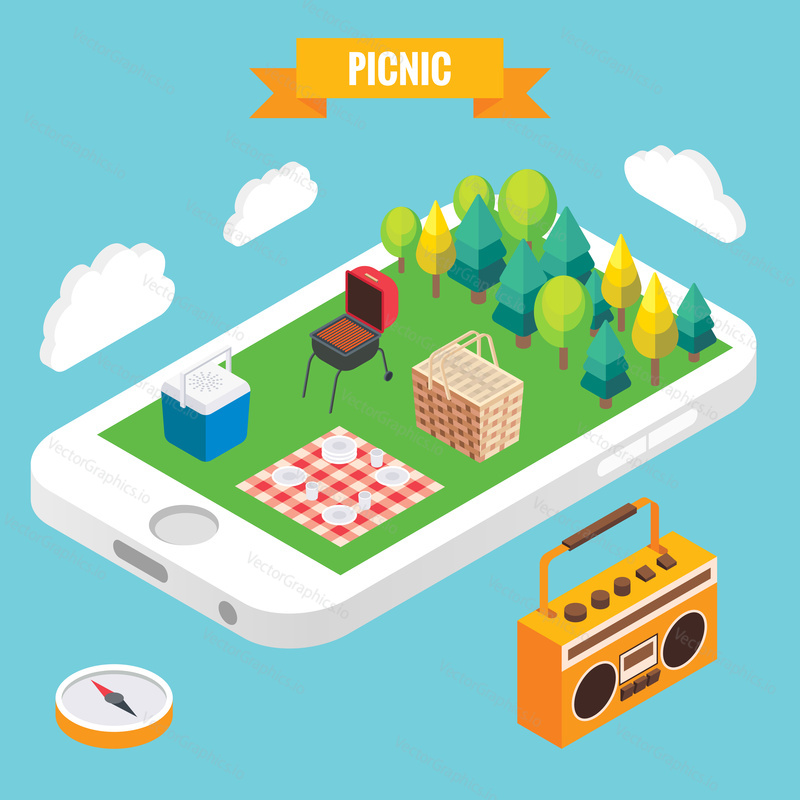 Picnic in a park isometric objects on mobile phone screen. Vector illustration in flat 3d style. Stay online everywhere concept illustration.