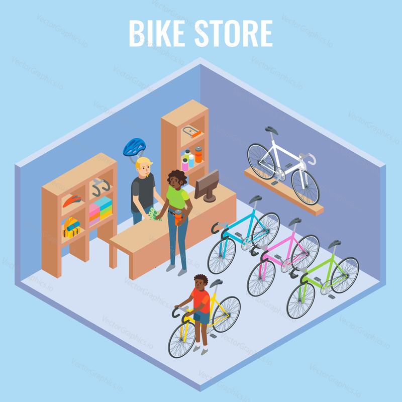 Vector 3d isometric sectional view bike shop concept illustration. Cutaway interior of bicycle store with seller and buyers.
