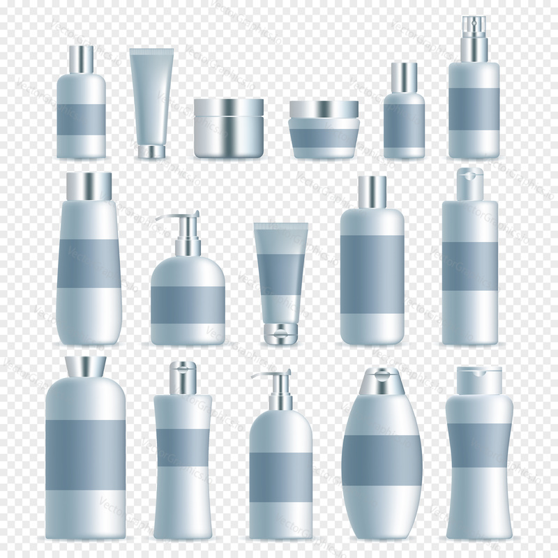 Vector set of realistic cosmetic packaging templates. Empty white skin care cosmetics plastic jars, tubes, spray bottles, airless pump bottles.