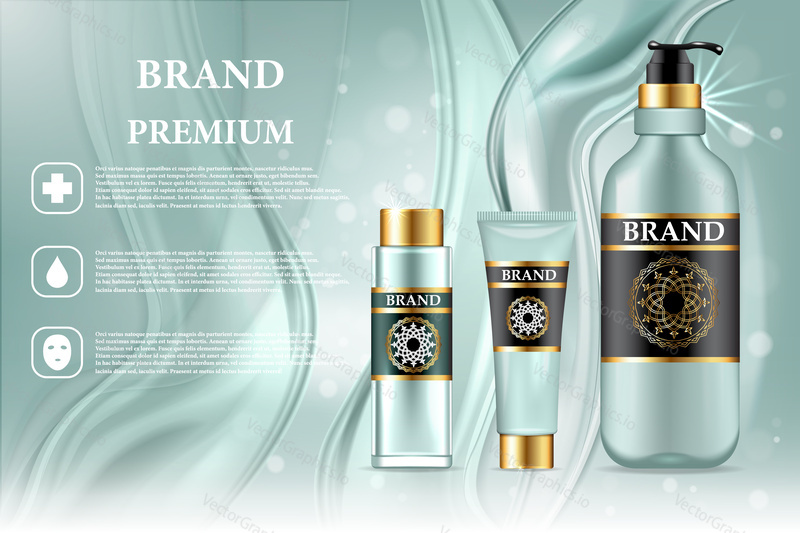 Premium cosmetic products ad. Vector 3d illustration. Skin care brand bottle template design. Face and body make up cream and lotion.