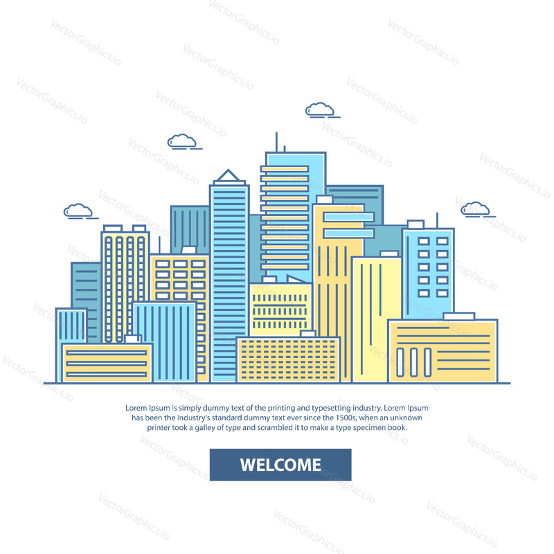 Vector illustration of city skyline background. Travel poster with flat linear style architectural buildings, skyscrapers, welcome lettering and place for text.