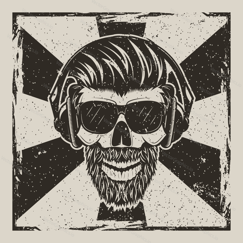 Vector illustration of human skull in glasses with mustache and beard listening to music. Skull music hipster vintage grunge design for t-shirt or print.