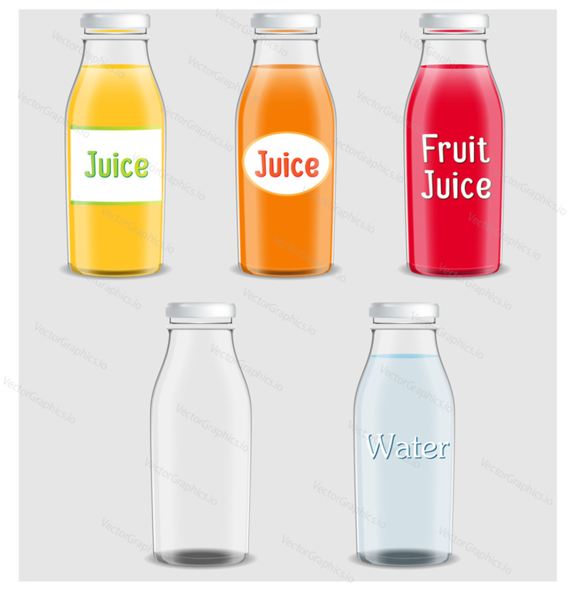 Juice products ad. Vector 3d illustration. Bottles template design. Fruit juice brand packages advertisement poster layout. Full and empty glass bottles.