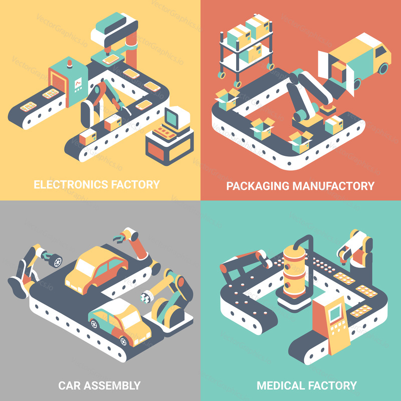 Factory automation vector flat isometric poster set. Electronics factory, Packaging manufactory, Car assembly, Medical factory concept design elements for web banners, print, infographics.