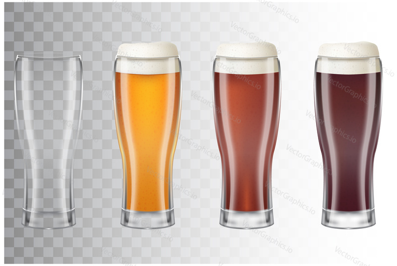Set of realistic tall beer glasses with different main types of beer. Classic light beer, dark, red and empty glass on transparent background. Vector illustration of a 3d style.