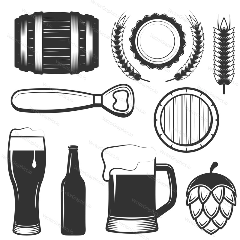 Vector set of vintage beer symbols, icons isolated on white background. Black templates for logos and print.