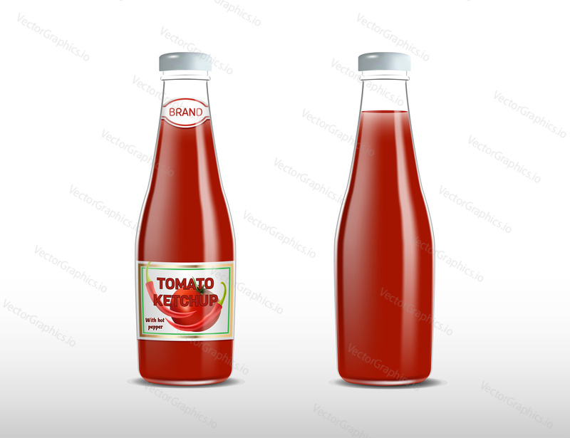 ketchupKetchup products ad. Vector 3d illustration. Spicy tomato ketchup bottles template design and mockup. Sauce brand packages advertisement poster layout. Full glass bottles.