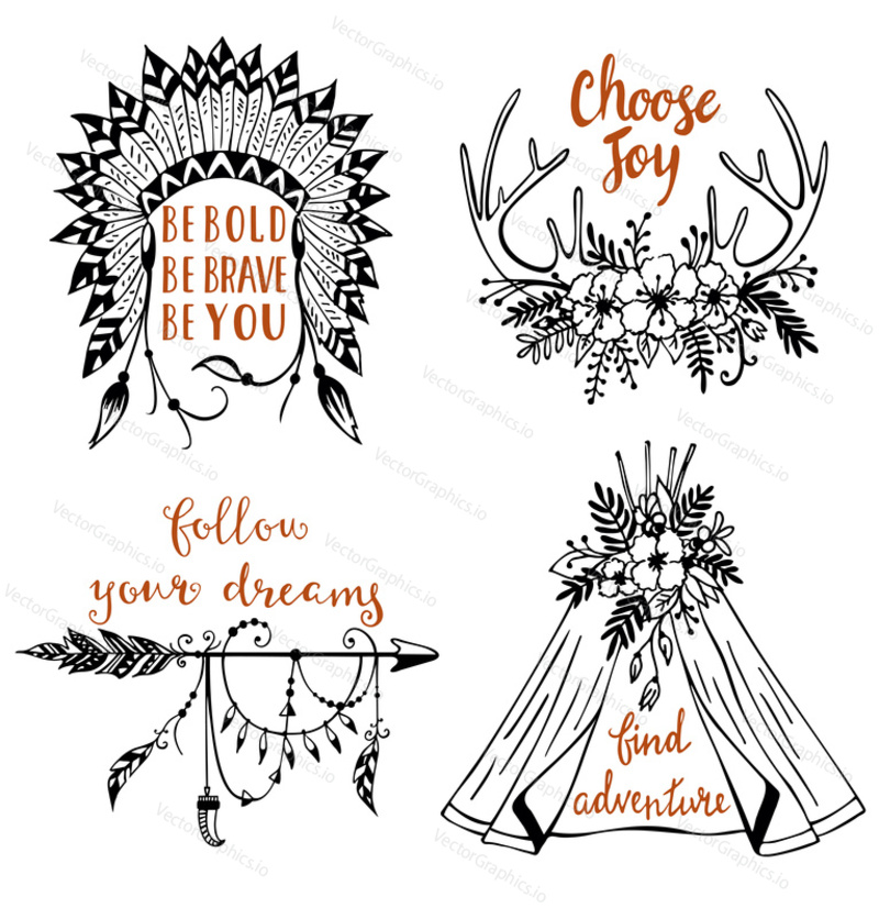 Vector set of creative boho style design elements with tribal arrows, feathers, deer antlers, flowers and inspirational quotes. Hand drawn sketch illustration.