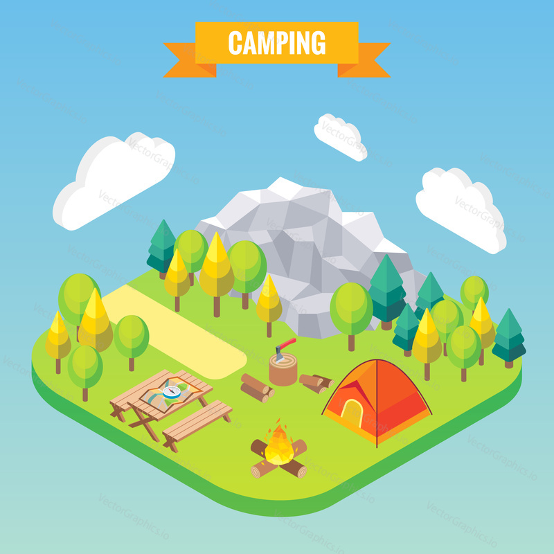 Camping isometric concept. Vector illustration