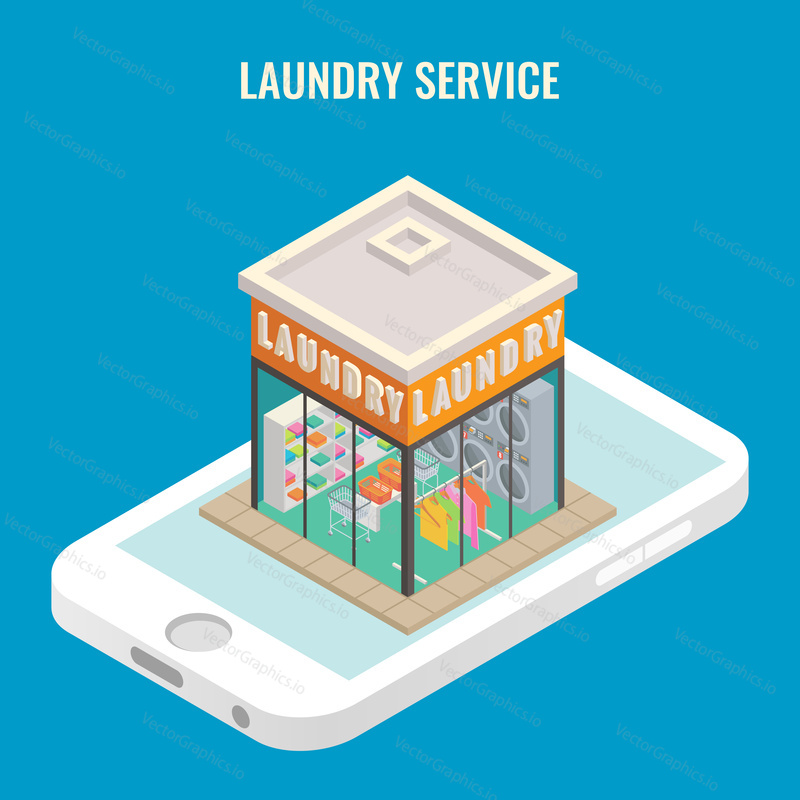 Online laundry services concept vector illustration. Laundry mobile 3d flat isometric icon.