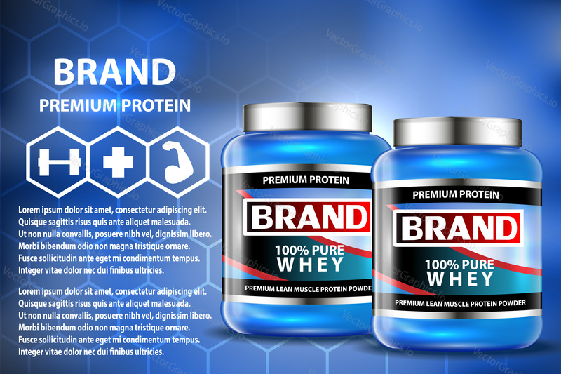 Sport nutrition product containers ad. Weight gainers set. Whey protein bottles. 3D vector product packaging. Jars of bodybuilding food supplements.