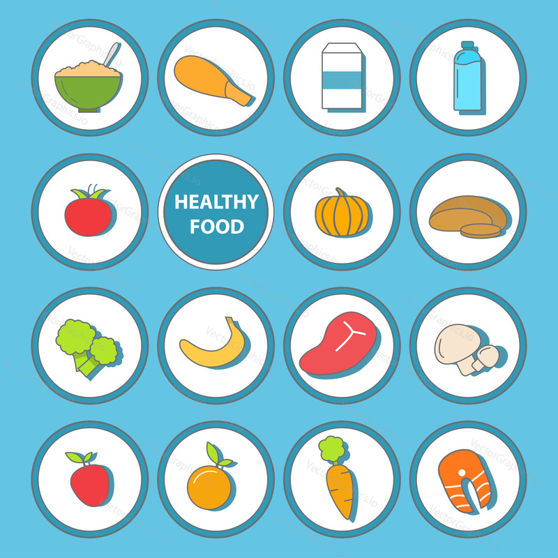 Vector set of healthy food icons in flat style design.