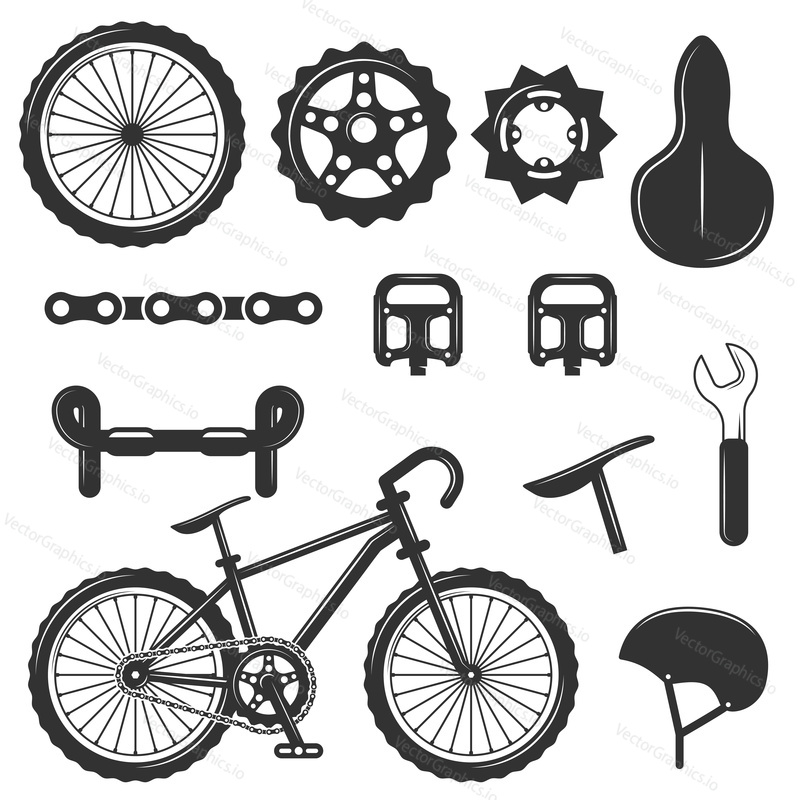 Vector set of bicycle parts isolated icons. Black and white bicycle symbols and design elements. Sport bmx bike with repair gears. Stars, wheels, helmet.