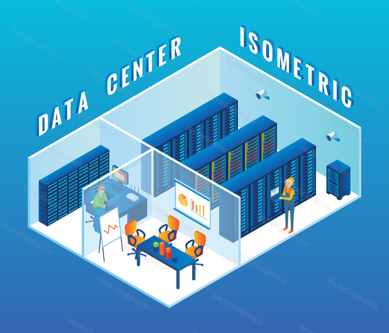 Data center cutaway interior vector flat isometric illustration with server rooms, server racks and personnel working there.