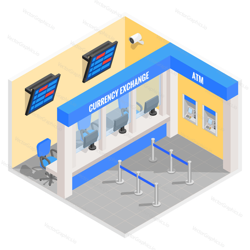 Currency exchange office in isometric style design. Vector flat 3d finance and money isolated icons and elements. Currency exchange booth interior.