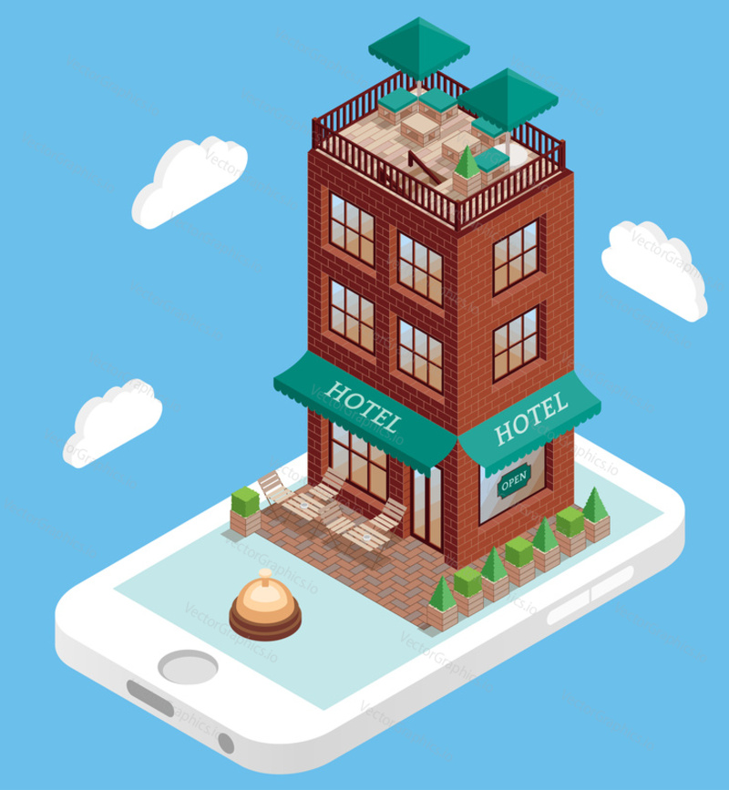 Hotel building on mobile phone screen in vector isometric style. Booking hotel online using smartphone. Illustration in flat 3d design. Hotel building isolated element.