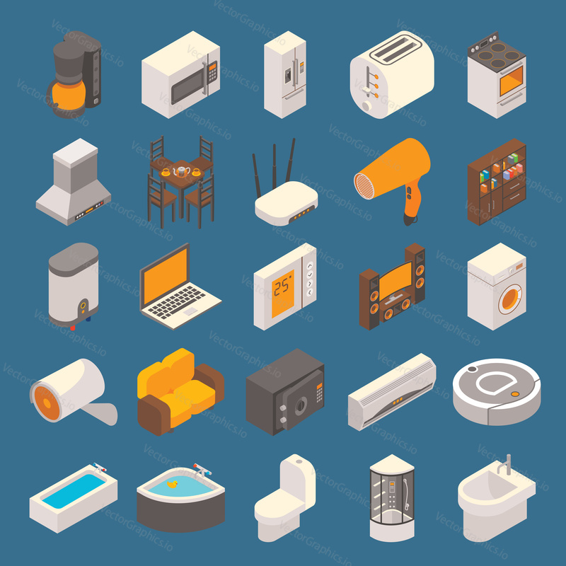 Vector smart home icon set. Flat isometric home appliances, computer equipment and furniture symbols, design elements.