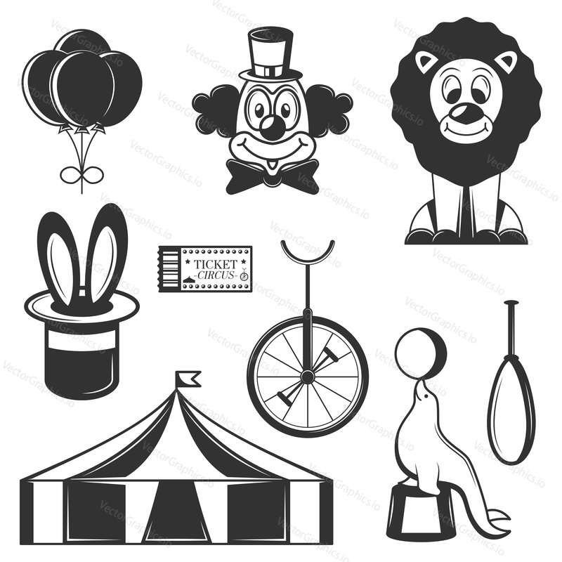 Vector set of circus isolated icons. Black and white circus symbols and design elements. Clown, lion, magic hat