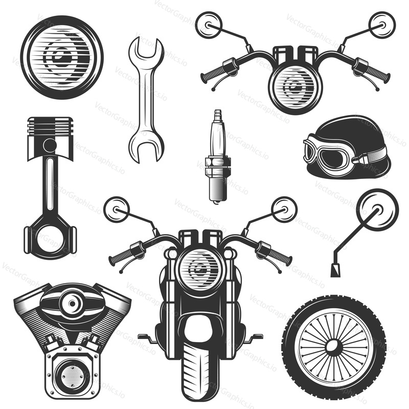 Vector set of vintage motorcycle symbols, icons isolated on white background. Black templates for logos and print.