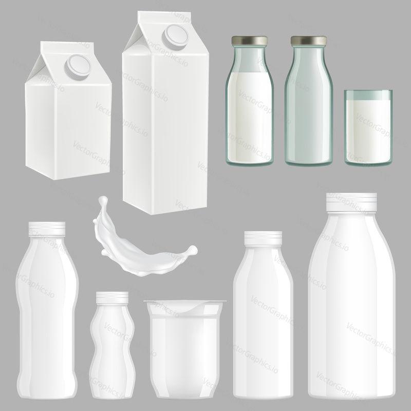 Vector set of realistic milk packaging templates. White creative milk paper, glass and plastic packaging design.
