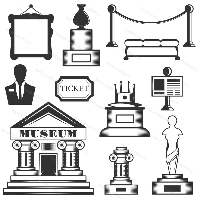 Vector set of museum isolated icons. Black and white museum symbols and design elements. Art, statue, museum building, ticket.