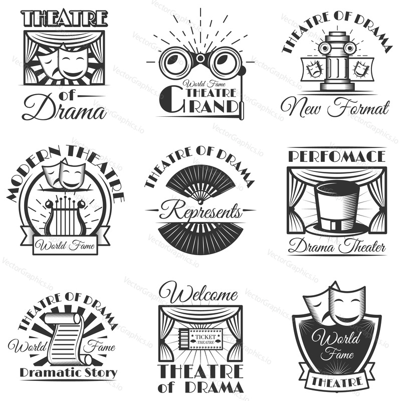 Vector set of classic theater isolated labels, logo and emblems. Black and white theater symbols and design elements. Drama masks, harp, tickets, theater drapes and stage curtains.