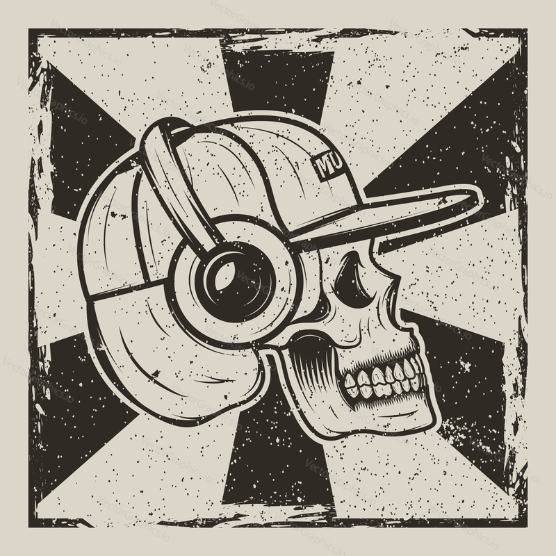 Vector illustration of human skull in cap and with headphones listening to music. Skull music side view vintage grunge design for t-shirt or print.