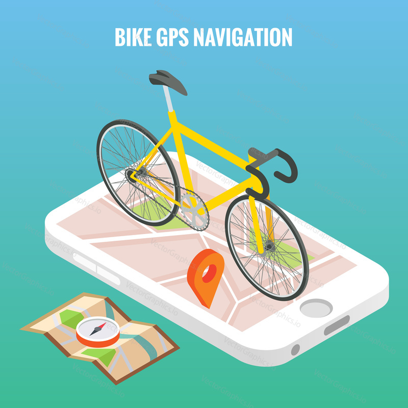 Bicycle city navigation concept poster in vector isometric style. Bike on a screen of mobile phone. Online map on smartphone.
