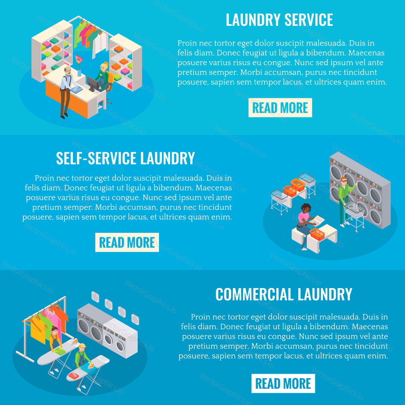 Vector set of laundry horizontal banners. Laundry service, Self-service and commercial laundry isometric templates for laundry business advertising.