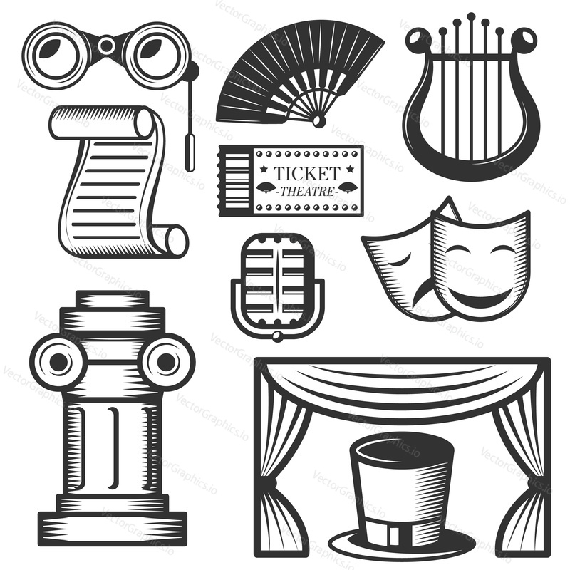 Vector set of classic theater isolated icons. Black and white theater symbols and design elements. Drama masks, harp, tickets, theater drapes and stage curtains.