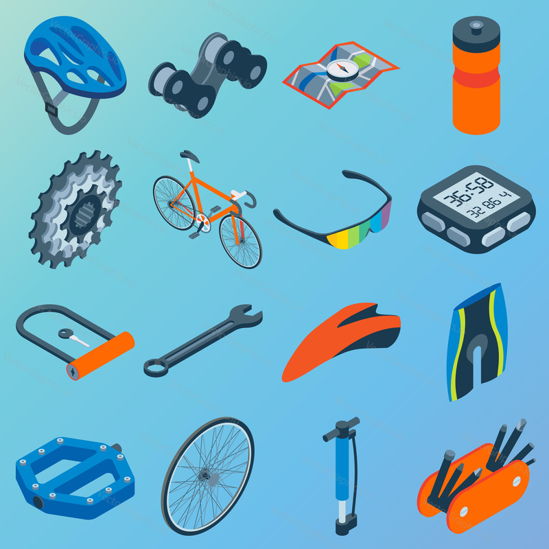 Vector set of bicycle parts isolated isometric icons. Bicycle objects and design elements. Bike repair gears. Stars, wheels, helmet, seat.