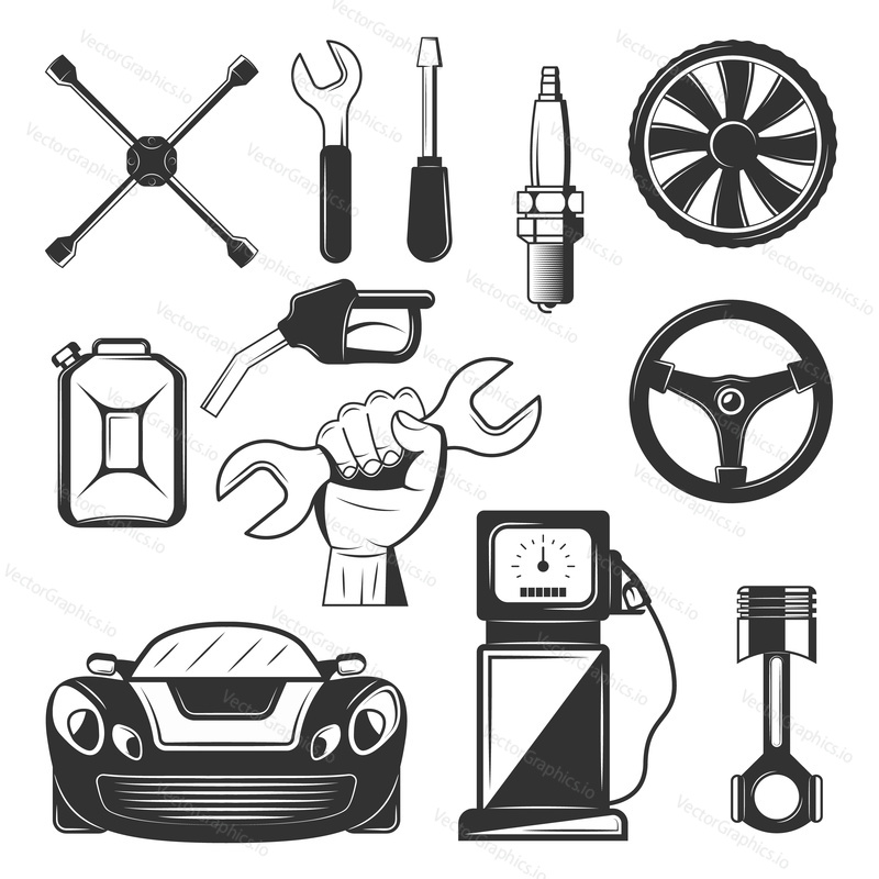 Vector set of vintage car service symbols, icons isolated on white background. Black templates for logos and print.